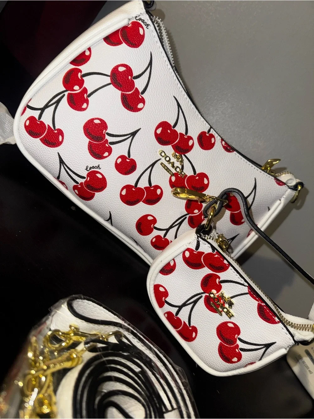 White Cherry Print Crossbody Bag with Coin Pouch
